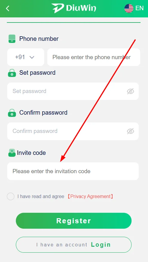 Enter the DiuWin invitation code